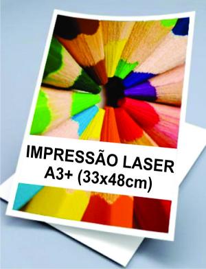 Impressão a Laser Colorida no Papel A3+ (33x48cm) Papel couchê 115g ou 250g. Impressão: 31x46cm. Opção frente e verso.   